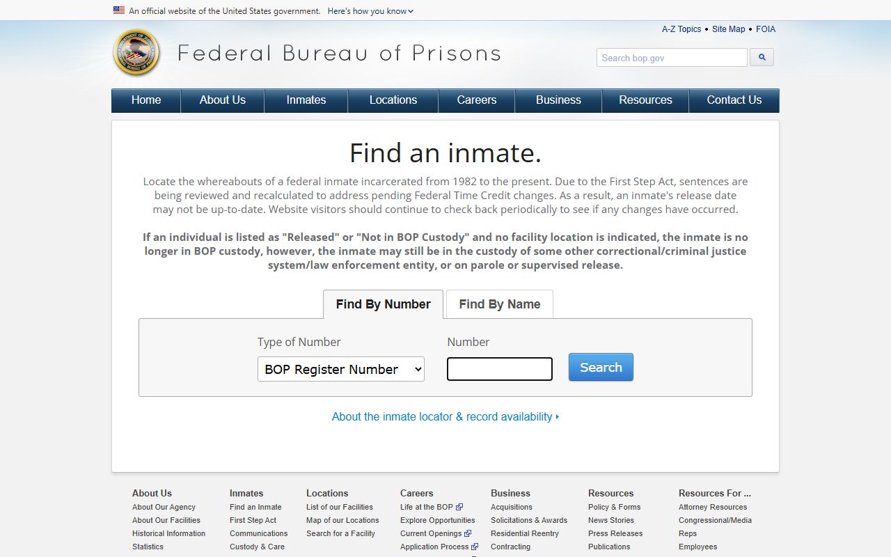 Federal Bureau of Prisons inmate locator search page for finding inmates without public mugshots