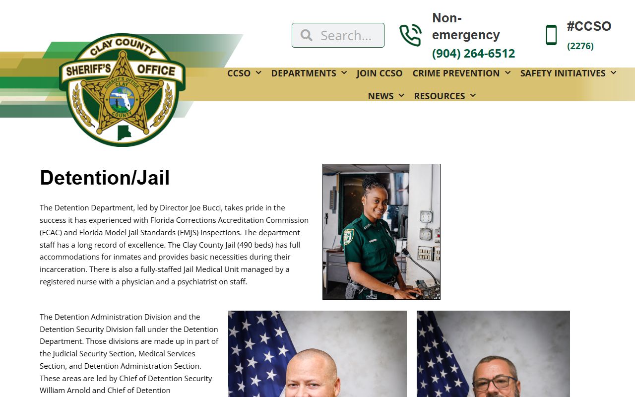 Clay County Sheriff's Office Detention/Jail page showing jail capacity and inmate population details