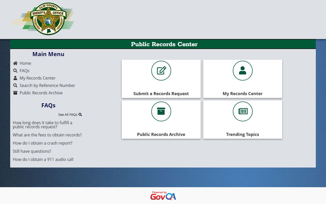 Clay County Sheriff's Office GovQA public records request portal for booking photos and jail records