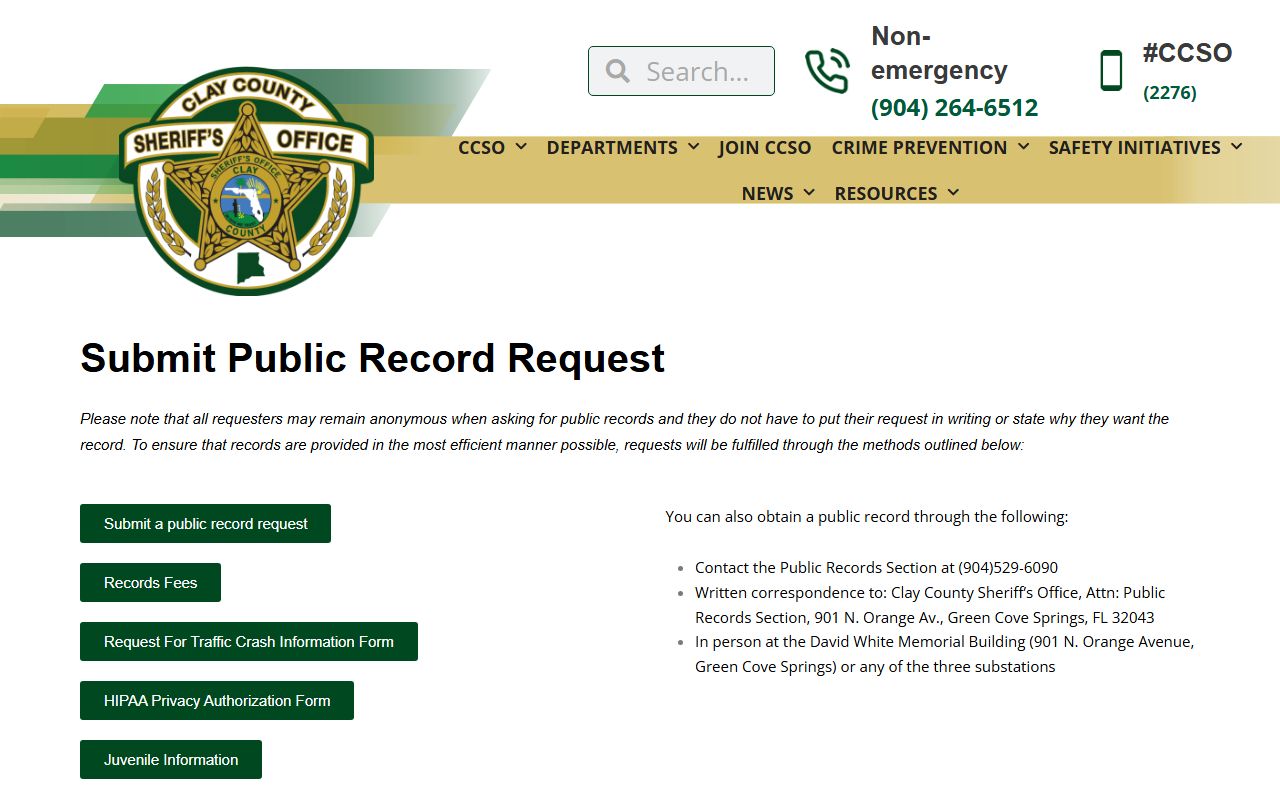 Clay County Sheriff's Office public-records request page for inmate records
