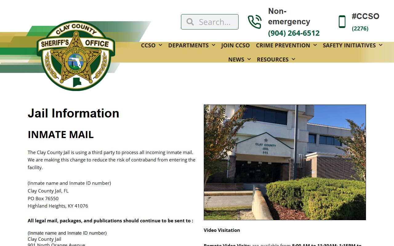 Clay County Jail Information page with inmate visitation and records rules
