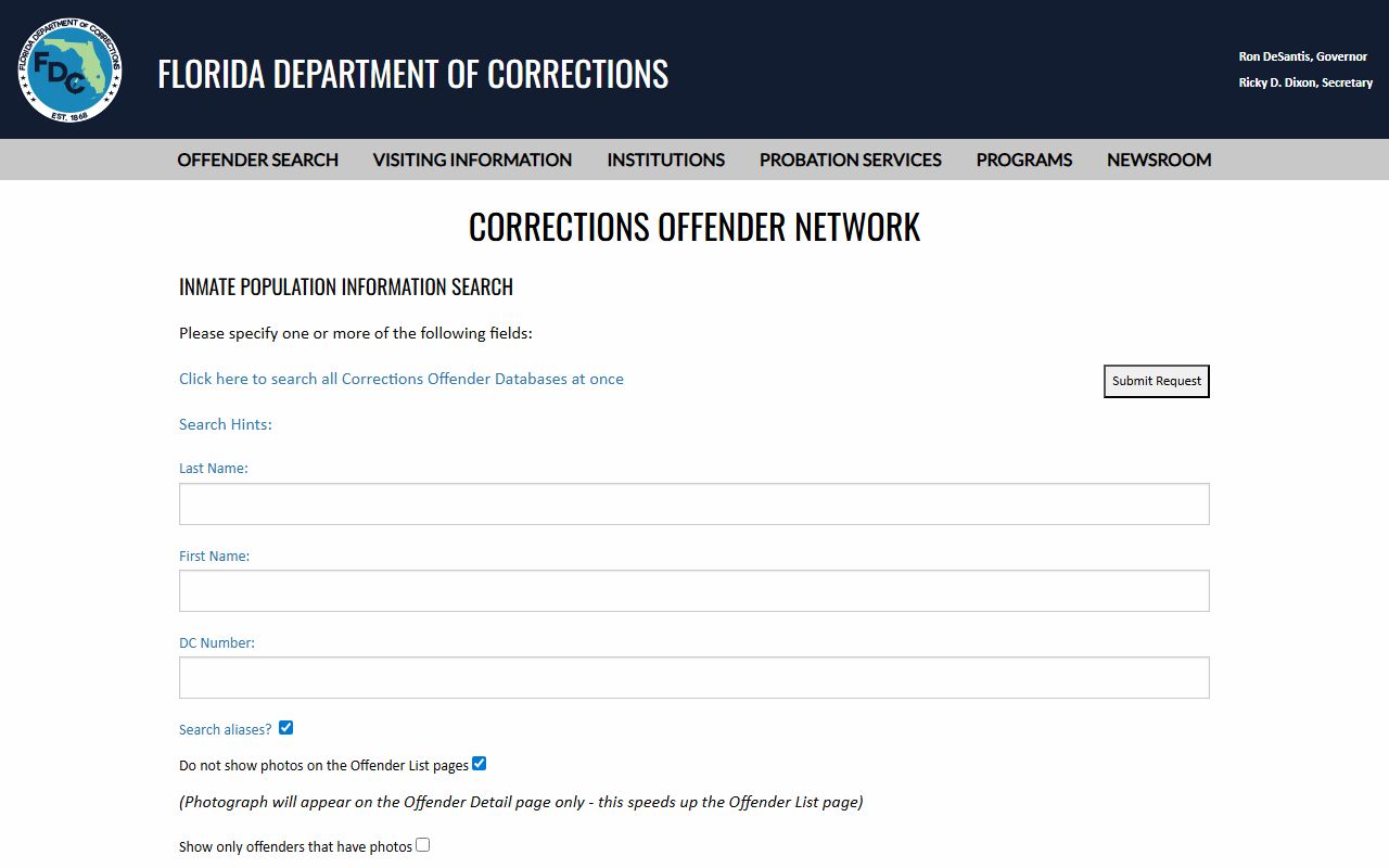 Florida Department of Corrections inmate search form used after a Clay County Jail transfer to state prison