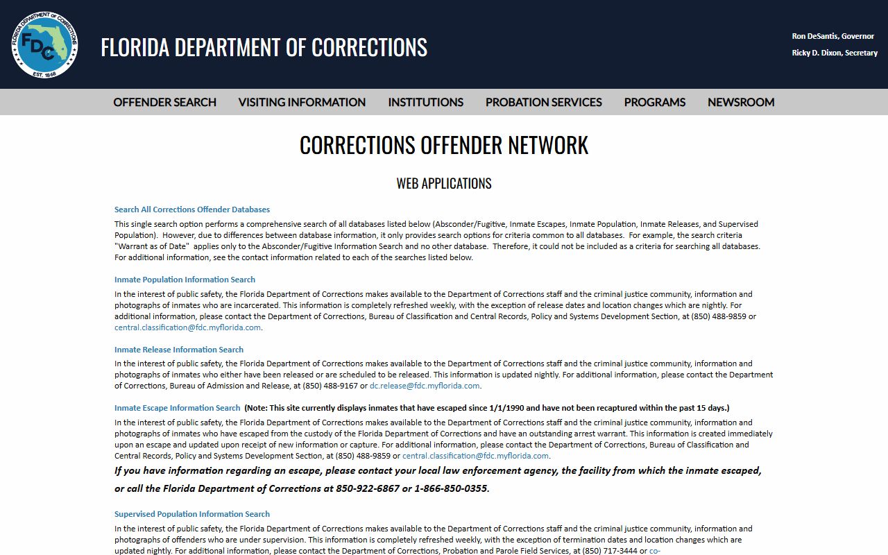 Florida Department of Corrections offender search menu for state inmate population lookup
