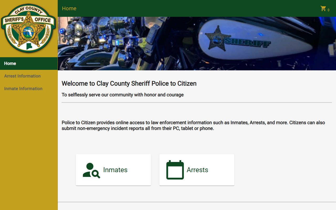 Clay County P2C portal home page for inmate records lookup